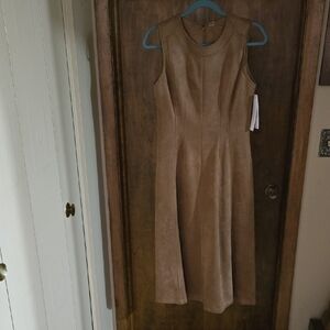 Elegant Tan Faux Suede Sleeveless Dress By Calvin Klien, Size 6, NWT
